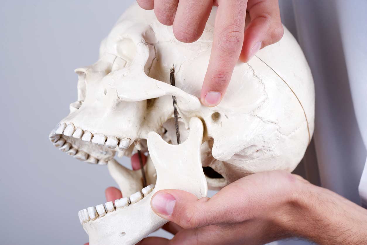 A photo a finger pointing to the upper jaw in an effort to explsin corrective treatment options